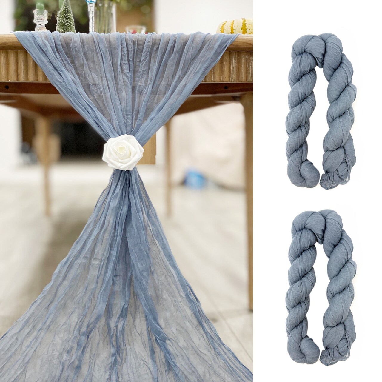 Wrapables 10Ft Bohemian Cheesecloth Gauze Table Runner for Rustic Weddings, Parties, Home Decor, Dusty Blue